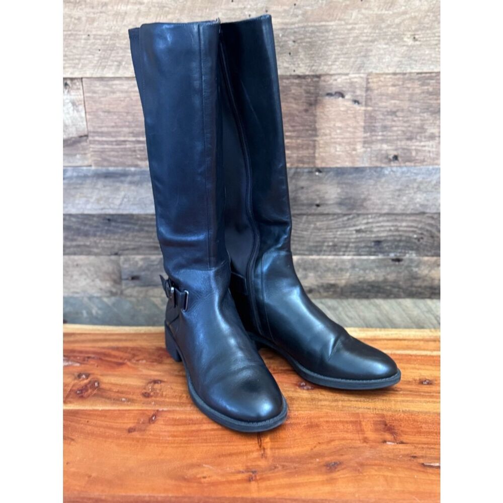 Nine West NW7SENIOR Black Leather Tall Knee High Riding Boots Size 12M Buckle